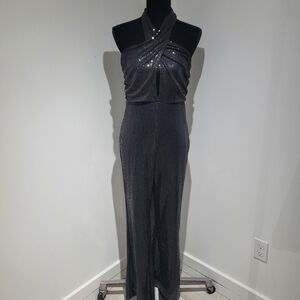 H&M Women's Glittery Sequin Halter Flare Leg Jumpsuit Medium Black Glam Disco